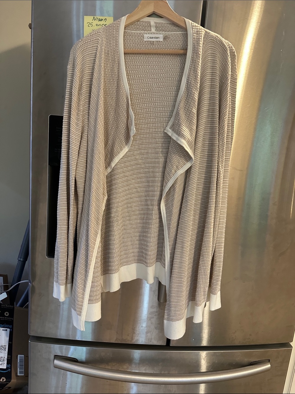 Calvin Klein Taupe and White Open-Front Draped Cardigan